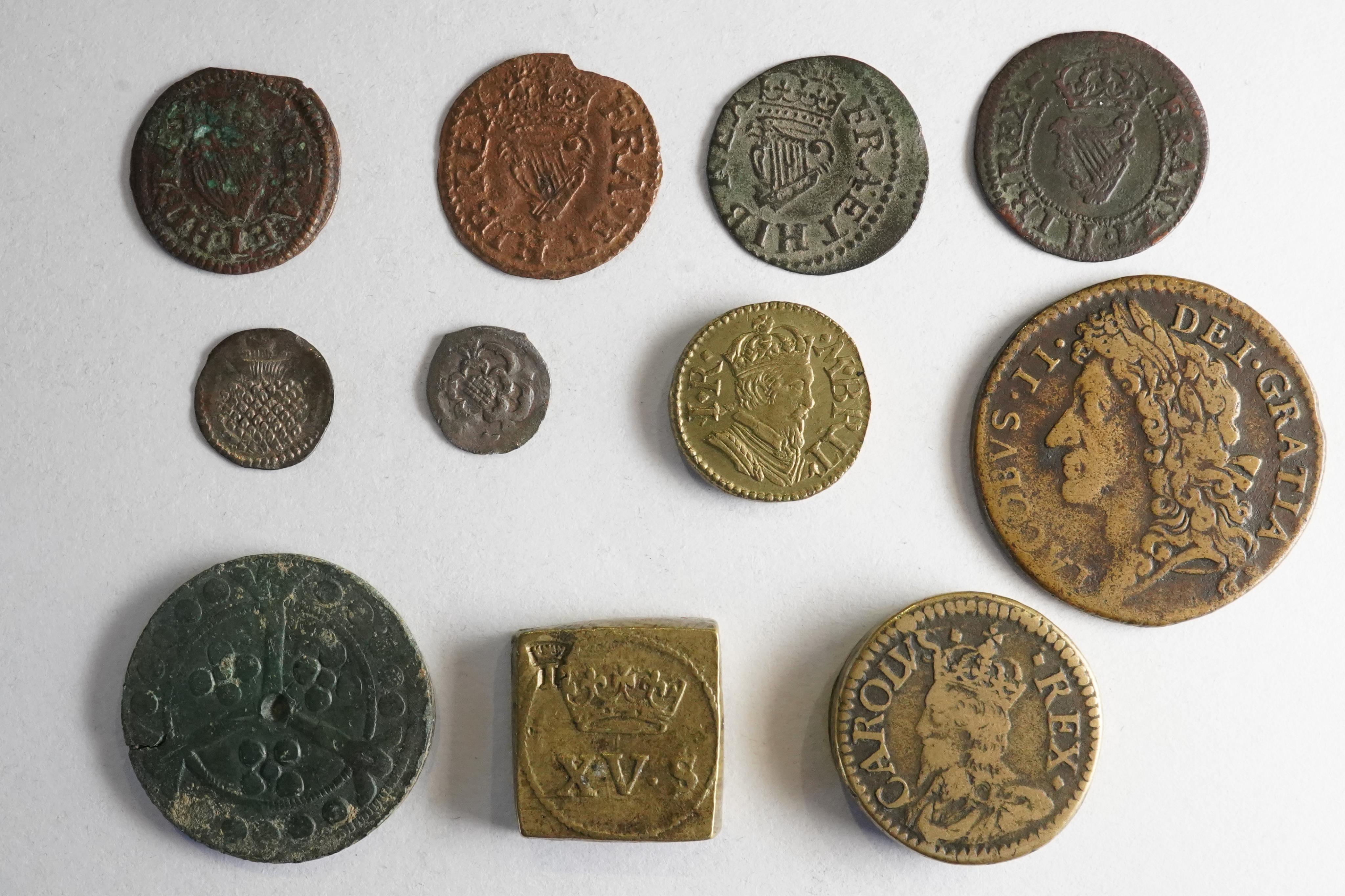 British and Irish hammered coins and coin weights, James I (1693-1625) silver halfpenny, second issue, Coronet, copper farthing, Charles I (1623-1649), silver halfpenny, rose both sides, three Irish copper farthings, Jam